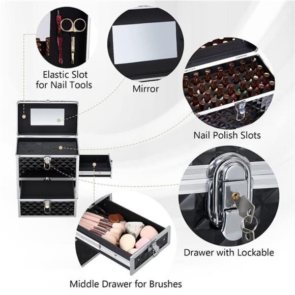 Makeup Train Case Professional Makeup Case Organizer Cosmetic Box with Drawer - Picture 5 of 6